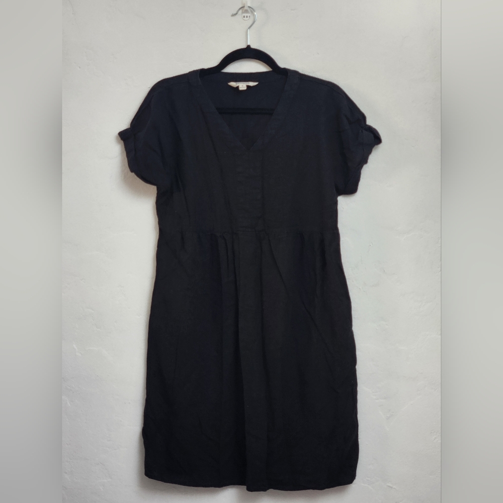 BRIGGS Linen Shift Dress Pockets Cuffed Sleeves V-Neck Black - Small
